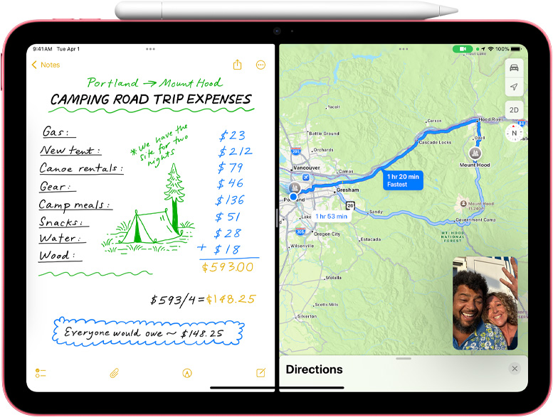 Math Note Maps aplikācijā ar FaceTime attēls attēlā logu iPad.