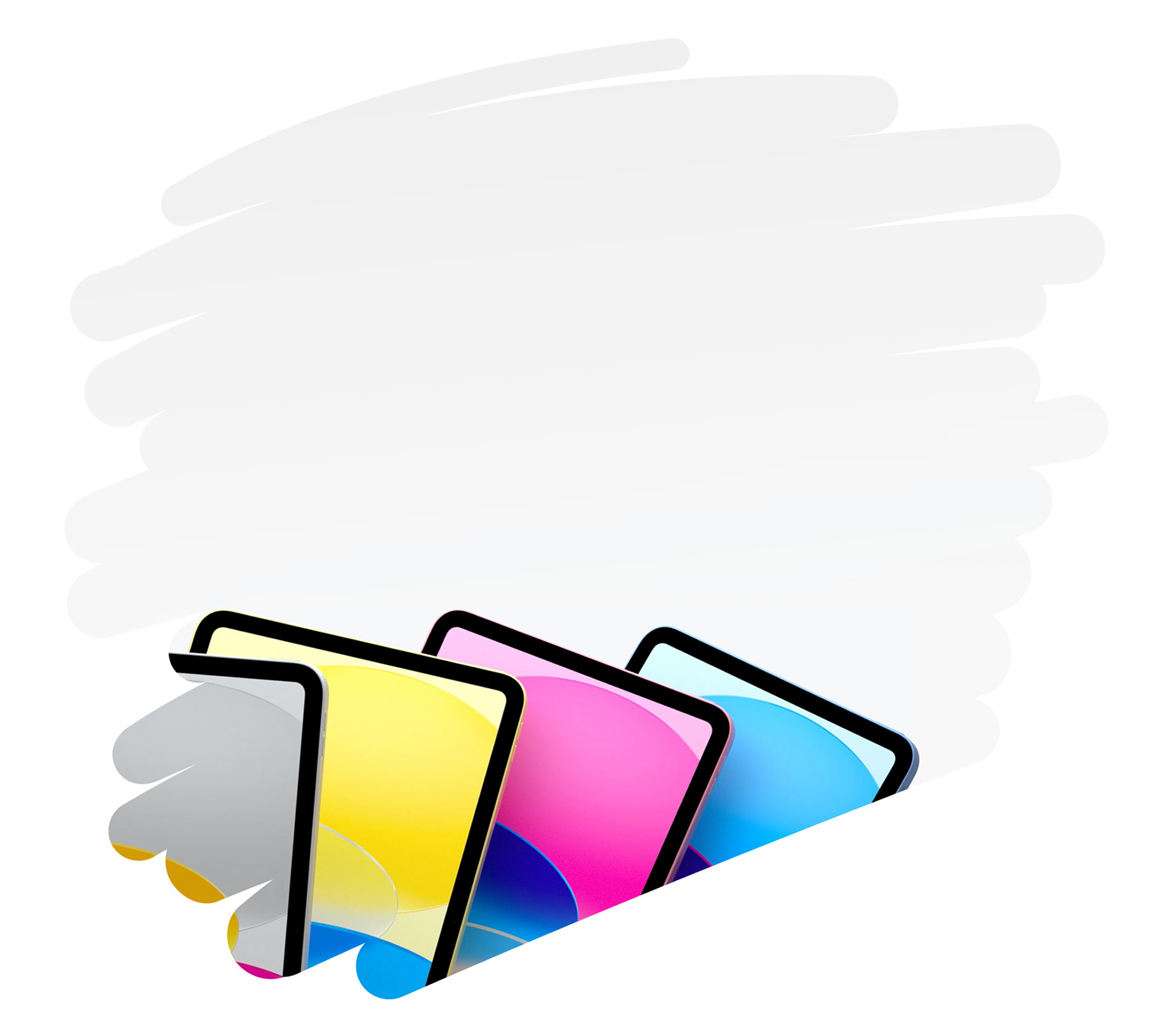 Lapā redzama liela zīmuļa švīka, kurā atrodas krāsaini iPad modeļi.