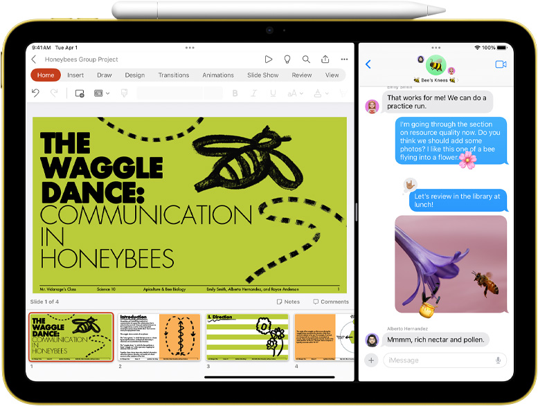 iPad redzams Split View ar Powerpoint un Messages aplikācijām, un tam ir magnētiski piestiprināts Apple Pencil.