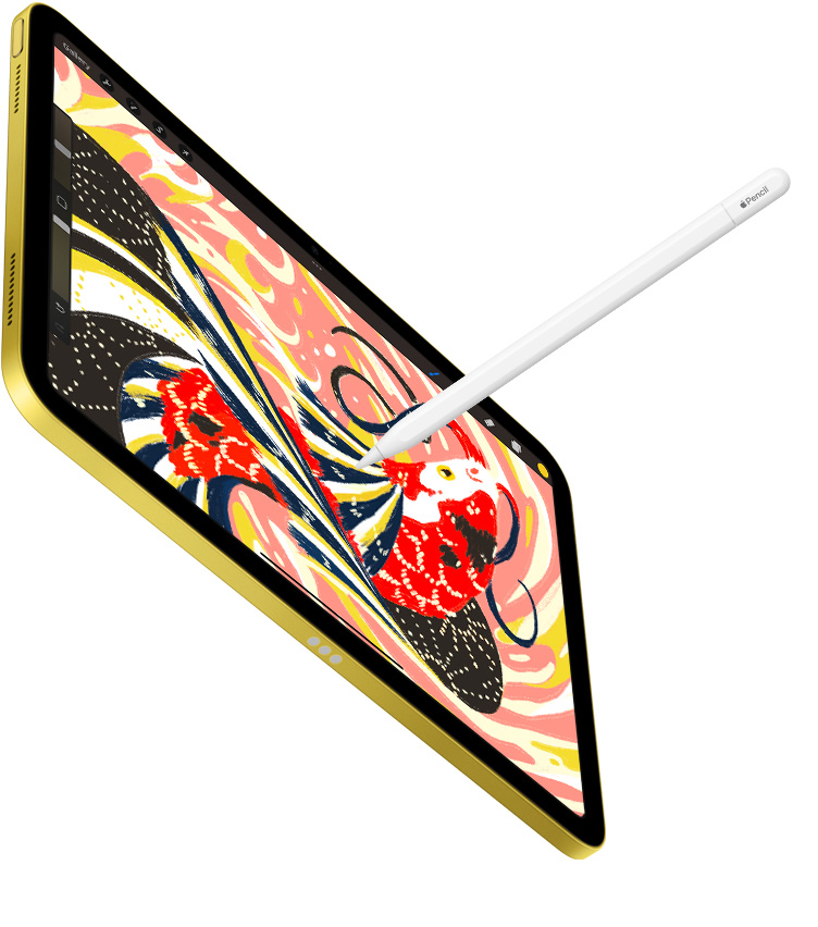 iPad displejā redzama krāsaina zivs ilustrācija Procreate aplikācijā, Apple Pencil zīmējums iPad