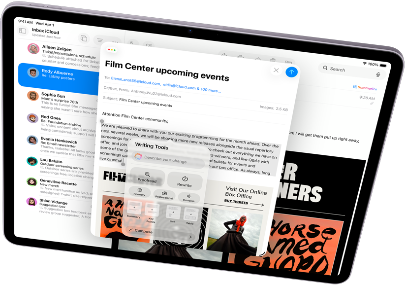 Horizontāli novietots iPad Air demonstrē Apple Intelligence ar Writing Tools un Mail