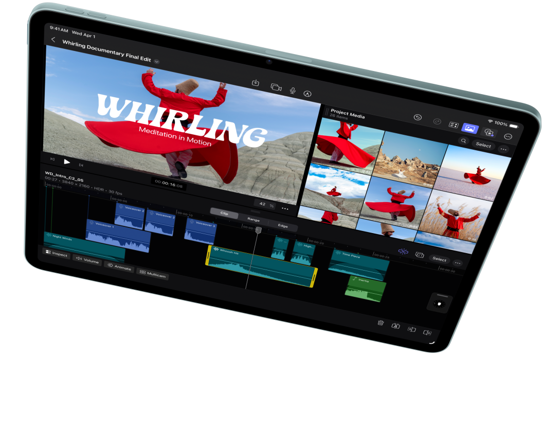 Horizontāli novietota iPad Air ekrānā redzama video montēšana ar Final Cut Pro