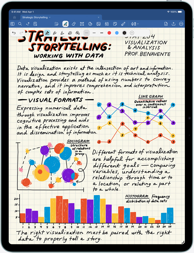 Vertikāli novietots iPad Air, ekrānā ir piezīmes un attēli