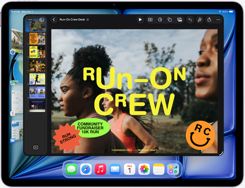 Horizontāli novietota iPad Air ekrānā redzama Keynote prezentācija