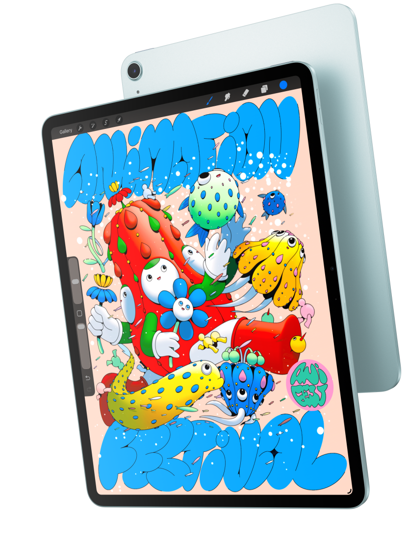 Pretskats, 13 collu iPad Air modelī redzama Procreate aplikācija, un tas aizsedz zila iPad Air aizmuguri