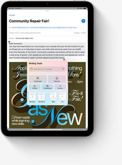 iPad mini demonstrē Apple Intelligence jauno Writing Tools rīku Mail aplikācijā.