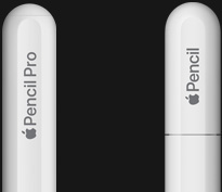 Apple Pencil Pro, sānskats, balta krāsa, noapaļots uzgalis, Apple Pencil Pro gravējums, Apple Pencil (USB‑C), sānskats, balta krāsa, noapaļots uzgalis, Apple Pencil gravējums