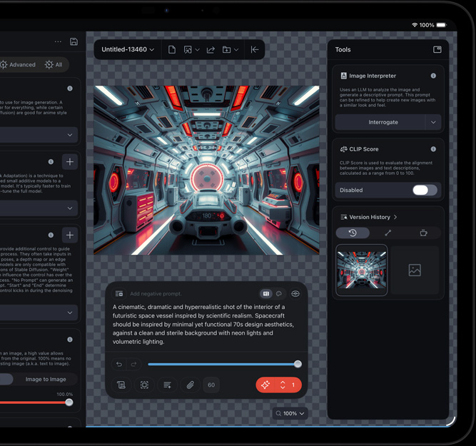 iPad Pro, priekšpuses skats, displejā redzams futūristiska kosmosa kuģa videoklips, kas tiek rediģēts ar dažādiem atvērtiem rīkiem un MI funkcijām, piemēram, Image Interpreter un CLIP Score