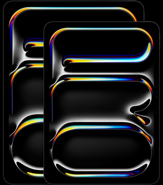 13 collu iPad Pro, 11 collu iPad Pro, vertikāls novietojums, priekšpuses skats, astromelna krāsa, noapaļotas malas, melns displeja ietvars, displejā vertikāli ir krāsains un izliekts abstrakts vārds “PRO”