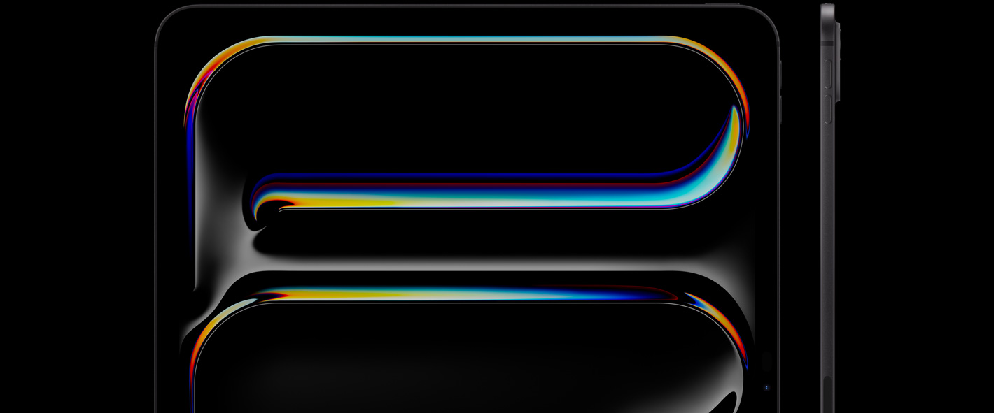 iPad Pro, priekšpuses skats, vertikāls novietojums, astromelna krāsa, noapaļoti stūri, melns displeja ietvars, displejā ir mākslas darbs ar krāsainu izliektu līniju, pa labi, iPad Pro, sānskats, vertikāls novietojums, plāns korpuss, skaļuma paaugstināšanas poga, skaļuma pazemināšanas poga, pacēlumā pro kameru sistēma