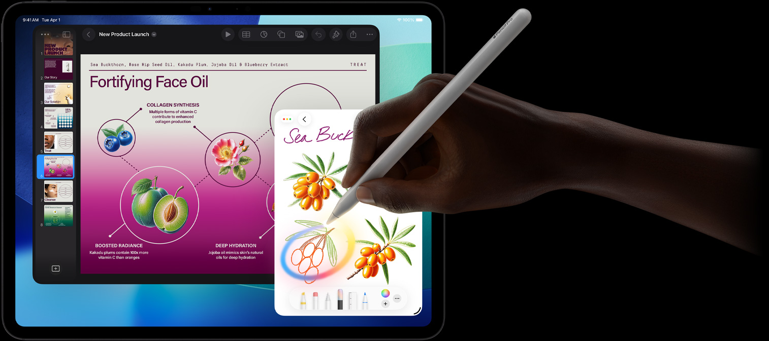 iPad Pro, priekšpuses skats, displejs ar tumši zilas un zaļas krāsas pāreju fonā un vairākām atvērtām aplikācijām, rokā tiek turēts Apple Pencil Pro, kas apvelk skici, parādot Apple Intelligence funkciju Image Wand