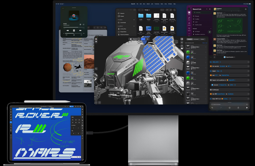 iPad Pro pievienots pie Magic Keyboard, priekšpuses skats, viss pievienots ārējam Mac Studio Display, iPad Pro displejs ar grafiskā dizaina aplikāciju, košas krāsas un teksts, Studio Display attēlo dažādas aplikācijas un 3D modeli