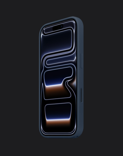 iPhone 17 Pro, priekšpuses skats, zilimelna apdare, ar silikona ietvaru tumšzilā krāsā