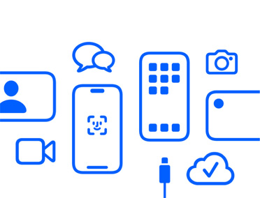 多部 Apple 裝置和不同功能，包括 iCloud、具備 Face ID 的 iPhone 配以充電線、相機 app、傳訊功能、訊息 app