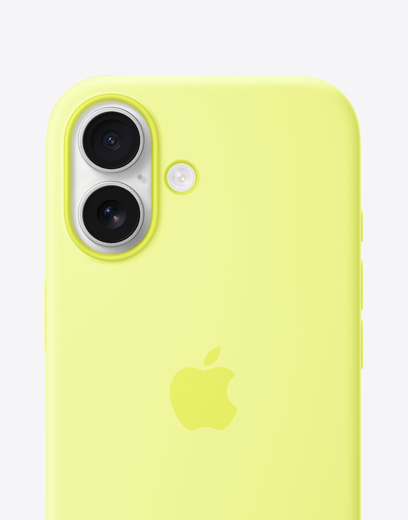 iPhone 17, back exterior with silicone case in yellow, Dual Fusion Camera System in top left corner, Apple logo centred