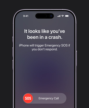 Vista frontal do iPhone 17, com cantos arredondados, a mostrar a funcionalidade Deteção de acidente em utilização