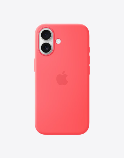 iPhone 17, aizmugure ar Bright Guava silikona ietvaru, Dual Fusion kameru sistēma augšējā kreisajā stūrī, centrā Apple logotips