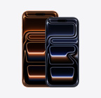 iPhone 17 Pro Max, priekšpuses skats, kosmiski oranža apdare, iPhone 17 Pro, priekšpuses skats, zilimelna apdare