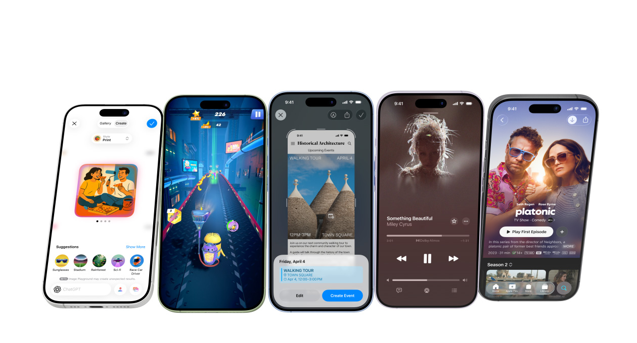 iPhone 17 ierīces vairākās krāsās, ekrānos ir redzamas dažādas aplikācijas