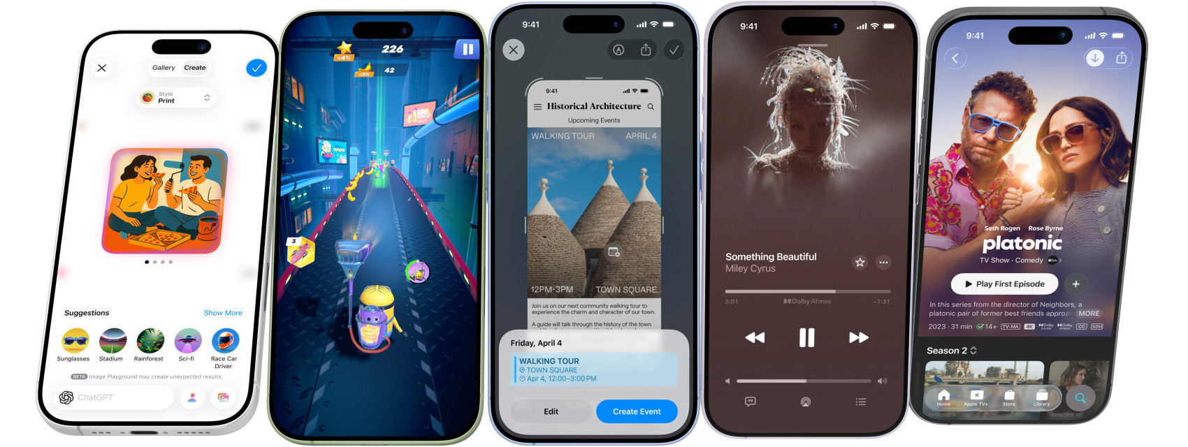 iPhone 17 ierīces pagriežas otrādi un apstājas, ekrānos parādot iPhone funkcijas