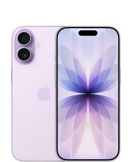 iPhone 17, aizmugures skats, lavandas krāsa, Dual Fusion kameru sistēma augšējā kreisajā pusē, centrā Apple logotips, priekšpuses skats, lavandas krāsa, Dynamic Island centrā augšpusē