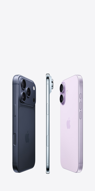 iPhone 17 Pro, aizmugures skats, Pro Fusion kameru sistēma augšdaļā, iPhone Air, ļoti plāns titāna sāns, iPhone 17, aizmugures skats, moderna divu kameru sistēma augšējā stūrī pa kreisi