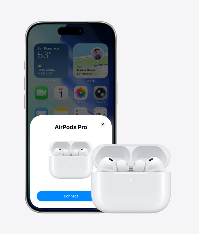 iPhone 17 Pro, skats no priekšas, fonā sākuma ekrāns, ekrānā AirPods savienošanas uznirstošais logs, AirPods atvērtā kārbiņā blakus iPhone