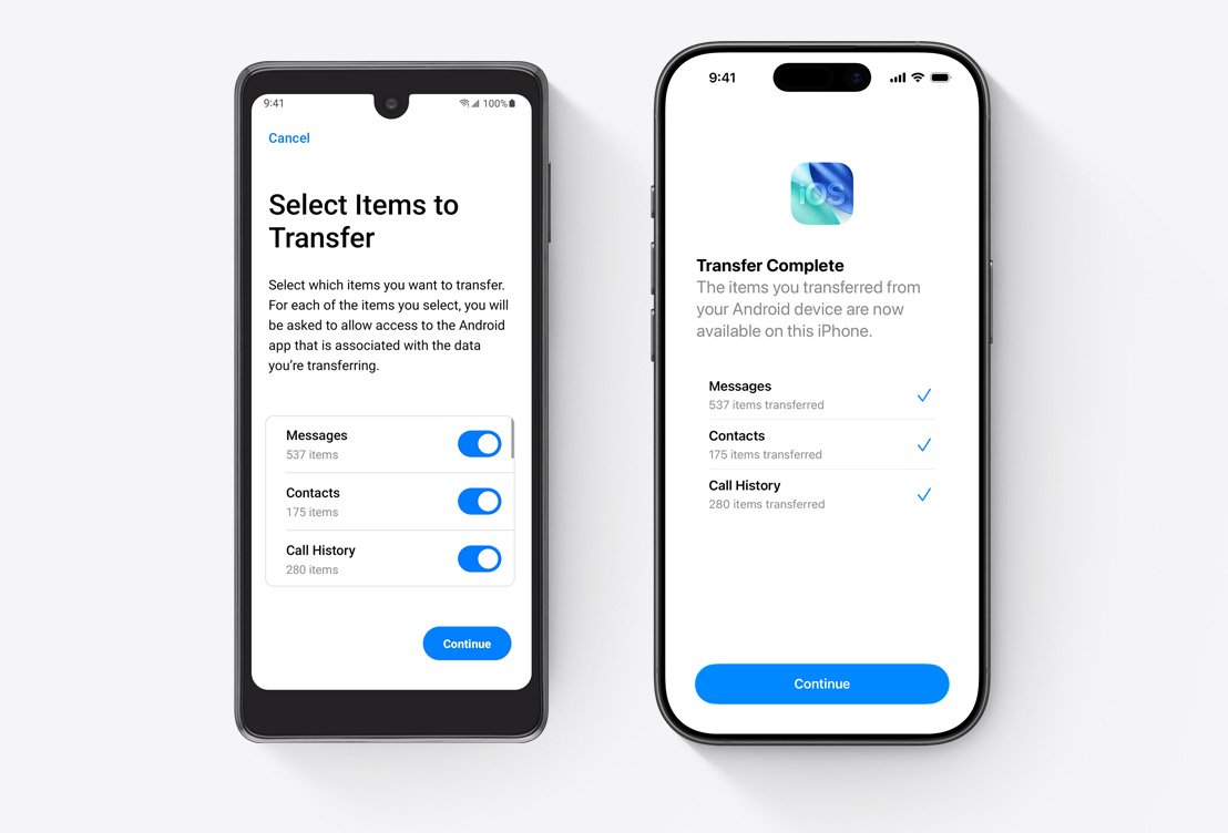 Divas ierīces blakus, Android ekrānā ir Move to iOS aplikācija, iPhone ekrānā ir Move to iOS aplikācija