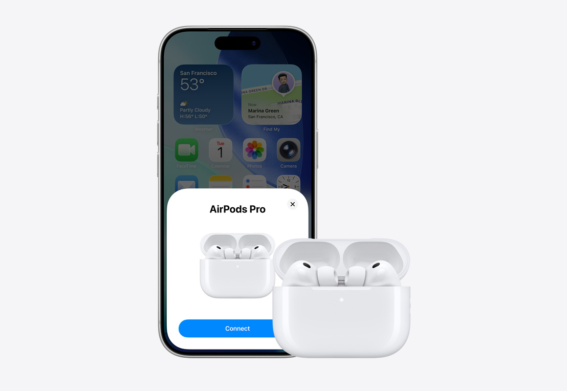 iPhone skats no priekšas, ekrānā parādās AirPods savienojums, AirPods atrodas atvērtā kārbiņā blakus iPhone