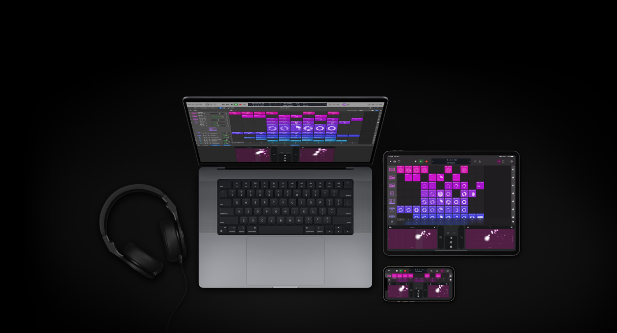 MacBook Pro 16, iPad Pro 13, iPhone 16, screens show Logic Pro mixing board with purple and pink squares representing different audio layers and sounds, headphones to the left of devices