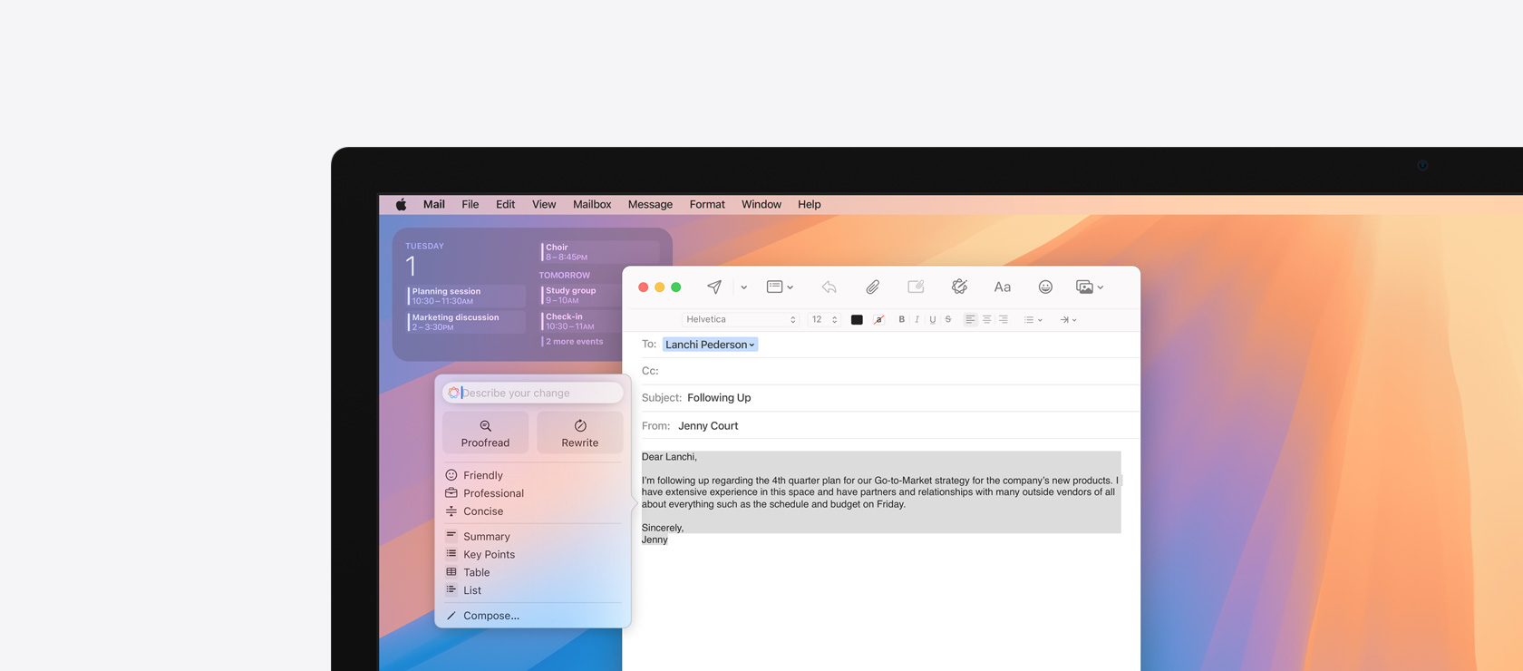 Ekrānā redzama Apple Intelligence funkcija Writing Tools ar Mail