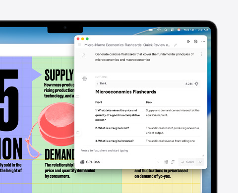 Tela do MacBook Air mostrando as Ferramentas de Escrita da Apple Intelligence criando cartões de memória sobre micro e macroeconomia.