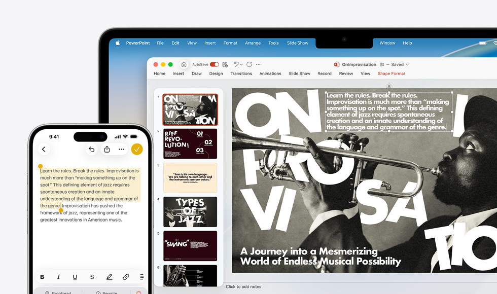 iPhone 16 Plus com texto selecionado no app Notas, MacBook Air com um slide do PowerPoint aberto, o texto do app Notas pode ser visto no slide