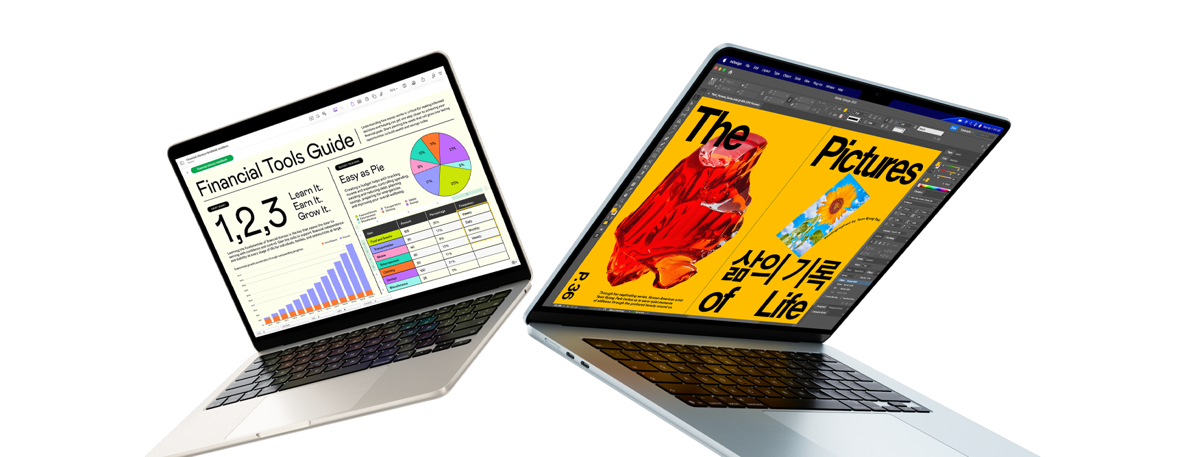 Notebooks MacBook Air de 13 e 15 polegadas. Uma tela mostra um projeto do Numbers e a outra mostra um projeto de design