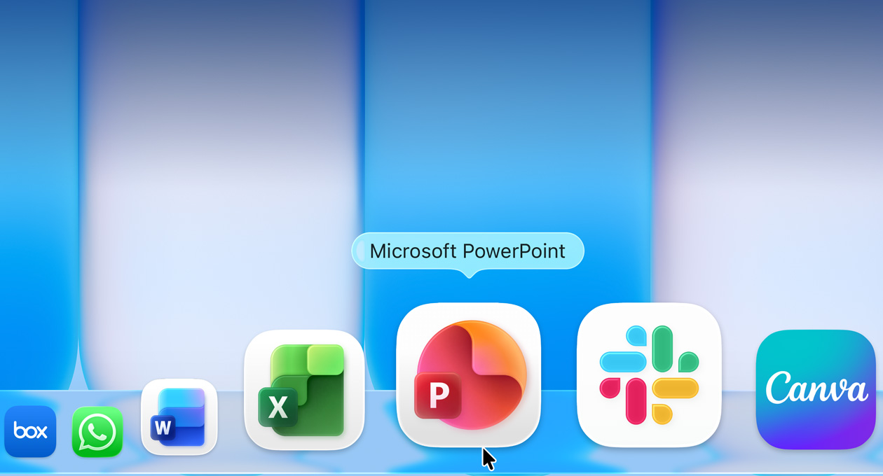 macOS darbvirsma, kurā redzama Dock zona ar dažādām aplikācijām, un tajā ir izcelta Microsoft PowerPoint aplikācija
