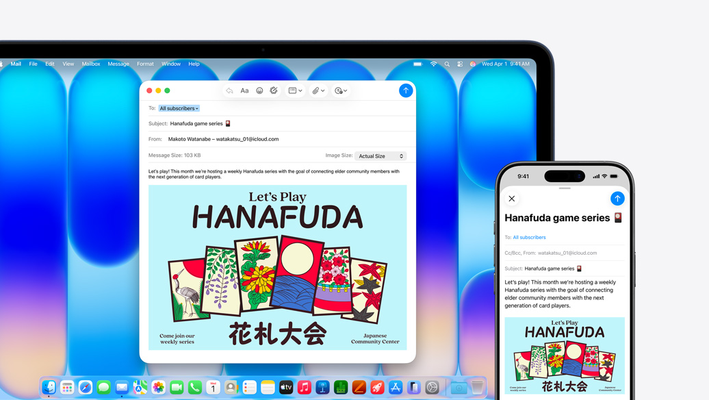 MacBook Neo na cor índigo ao lado de um iPhone. As telas mostram o mesmo e-mail anunciando um evento em um centro comunitário