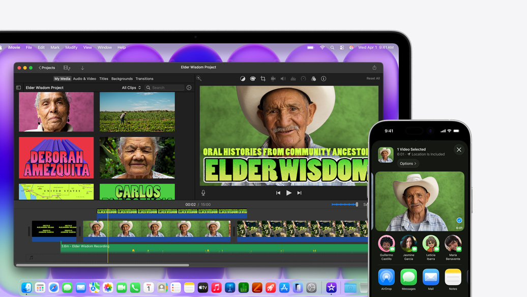 銀色 MacBook&nbsp;Neo，顯示 iMovie 視窗，其標題為「Elder&nbsp;Wisdom&nbsp;Project」，旁邊的 iPhone 顯示 iMovie 視窗其中一位人物的影片，影片下方列有分享選項，包括 AirDrop