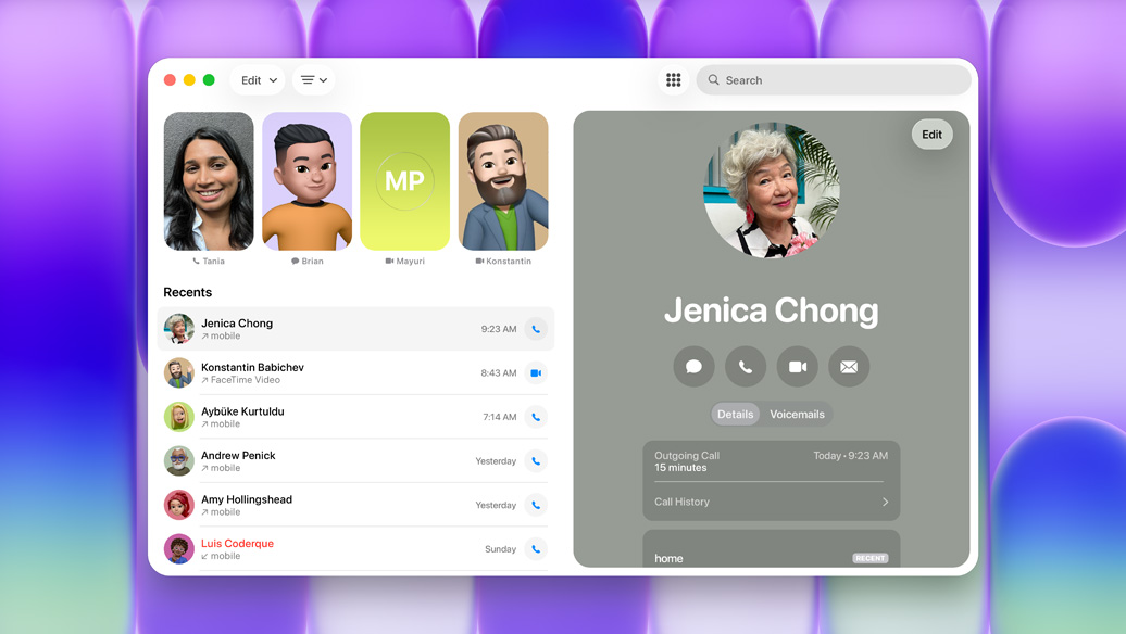 MacBook&nbsp;Neo 上開啟電話 app，內有多位聯絡人及最近通話記錄列表，一則重點標示的通話顯示相關聯絡人的資訊
