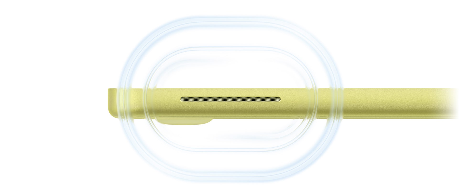 打開的橘黃色 MacBook&nbsp;Neo，聲波從電腦右側靠前的揚聲器傳出，如漣漪般擴散
