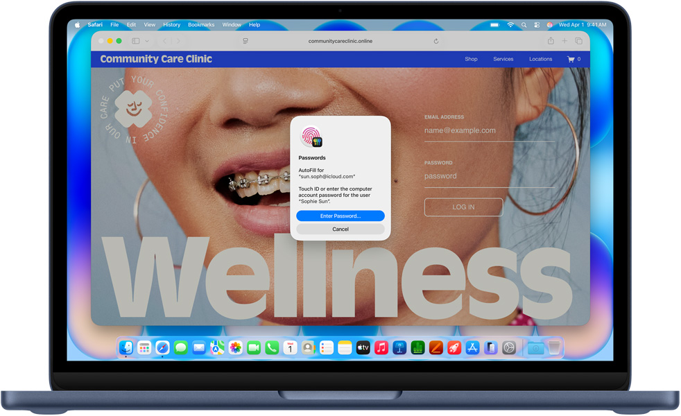 靛藍色 MacBook&nbsp;Neo，Safari 提示用户使用 Touch&nbsp;ID 或密碼登入名為「Community&nbsp;Care&nbsp;Clinic」的網站