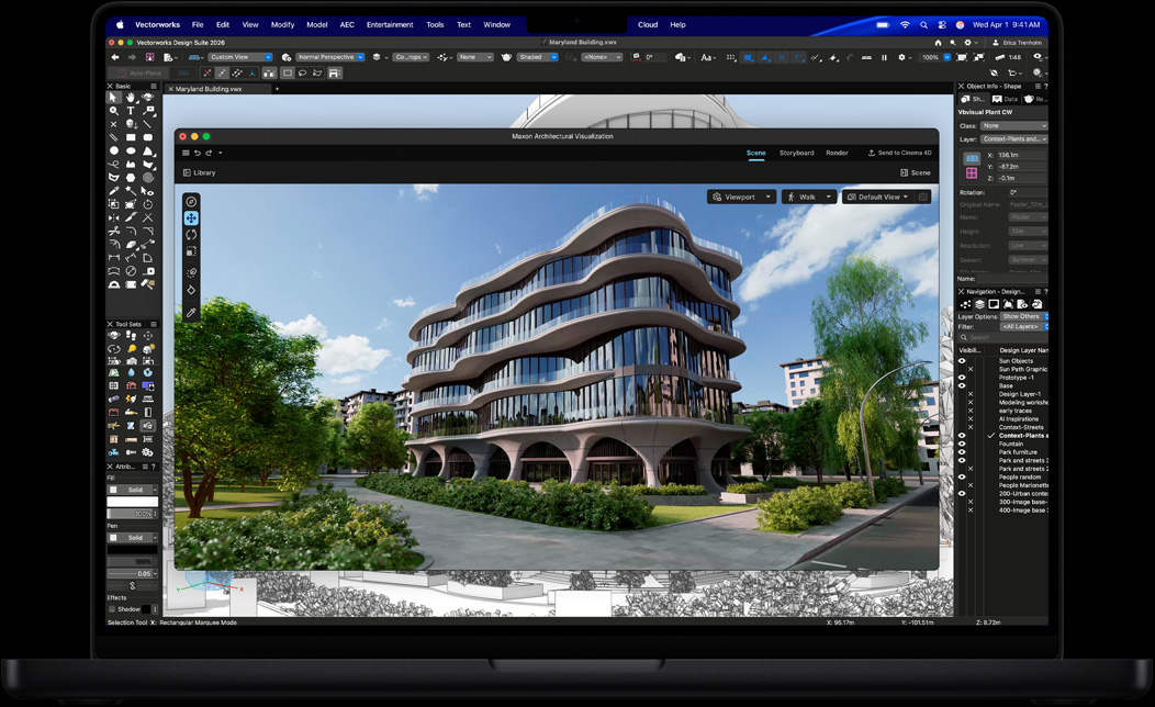 Schermata di un MacBook Pro che mostra Vectorworks Design Suite con Maxon Redshift