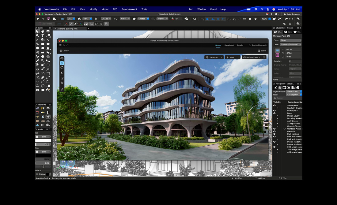 Schermata di un MacBook Pro che mostra Vectorworks Design Suite con Maxon Redshift