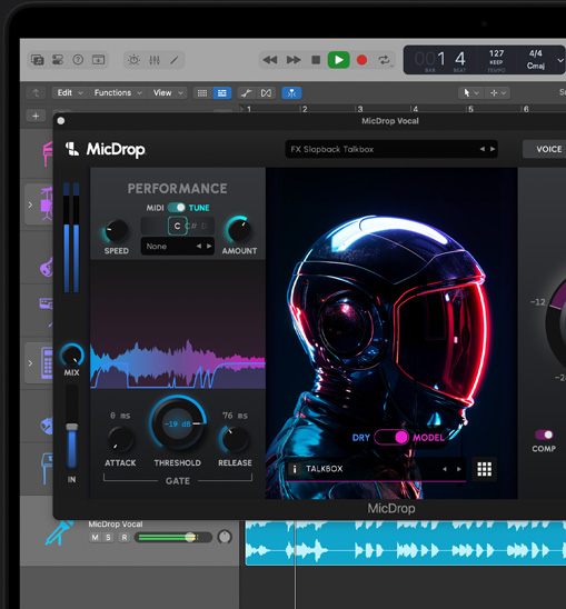 MacBook Pro 螢幕展示使用 Logic Pro 的 MicDrop 外掛模組以 AI 編輯人聲錄音