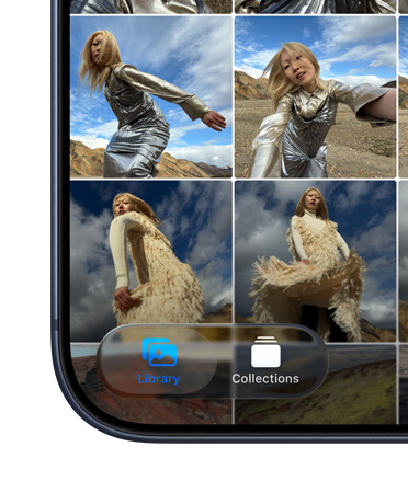 iPhone, linksonder in het scherm met de app Foto’s met tabbladen Bibliotheek en Verzamelingen in het nieuwe Liquid Glass-design