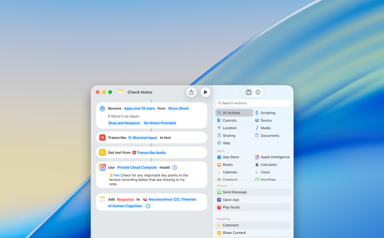Nahaufnahme der Erstellung eines Kurzbefehls mit der Aktion «Modell verwenden» in der Notizen App