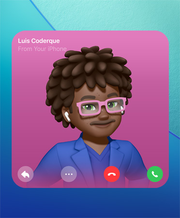 FaceTime Contact Poster, Genmoji in center, person’s name top left, icons for reply, more options, hang up, and pick up on the bottom