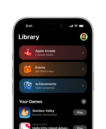 iPhone, top half only, screen shows Games app layout, including Library tab, Apple Arcade, Events, Achievements, and All Games section