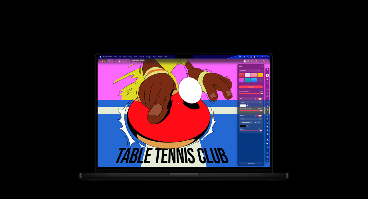 MacBook Pro 16 screen, colorful poster for Table Tennis Club, color editing tools