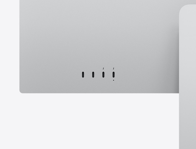 Studio Display XDR aizmugures tuvplānā parādīti divi USB-C porti un divi Thunderbolt 5 porti