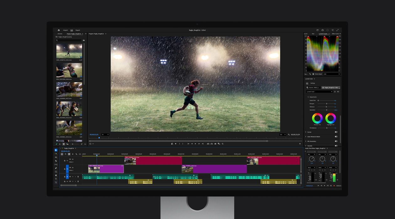 Adobe Premiere Pro failā regbija spēlētājs lietū skrien pa laukumu 